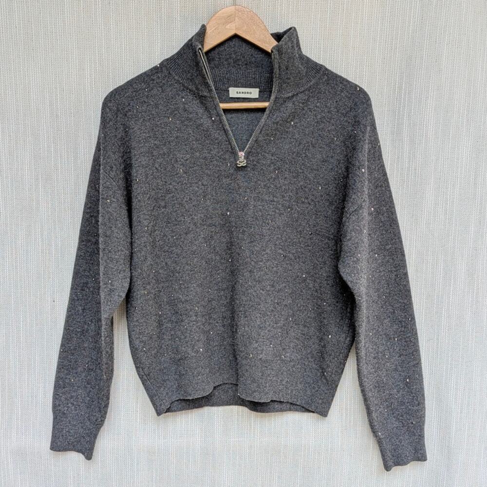 Sandro Osy Rhinestone Quarter Zip Sweater Womens Gray Wool/Cashmere Size 1 - Picture 2 of 10